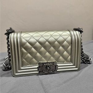 Chanel Boy Patent Silver Quilted Women's Bag